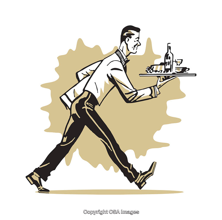Vintage Illustration of Waiter Carrying Food and Drinks on a Tray