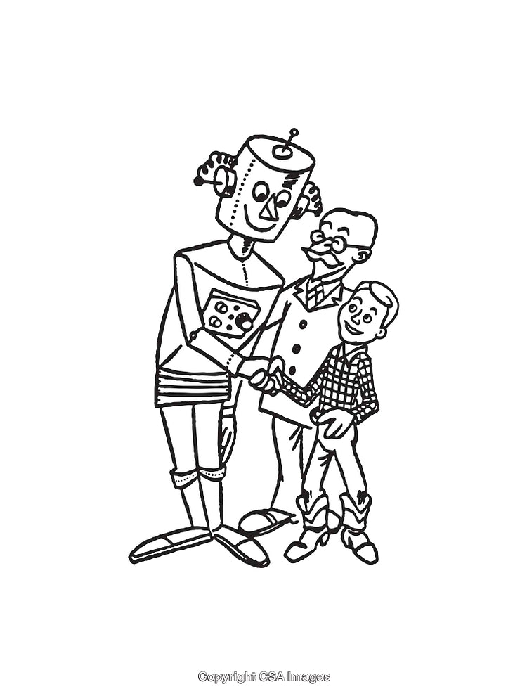 Black and White Line Art Depicting Robot Shaking Hands With People