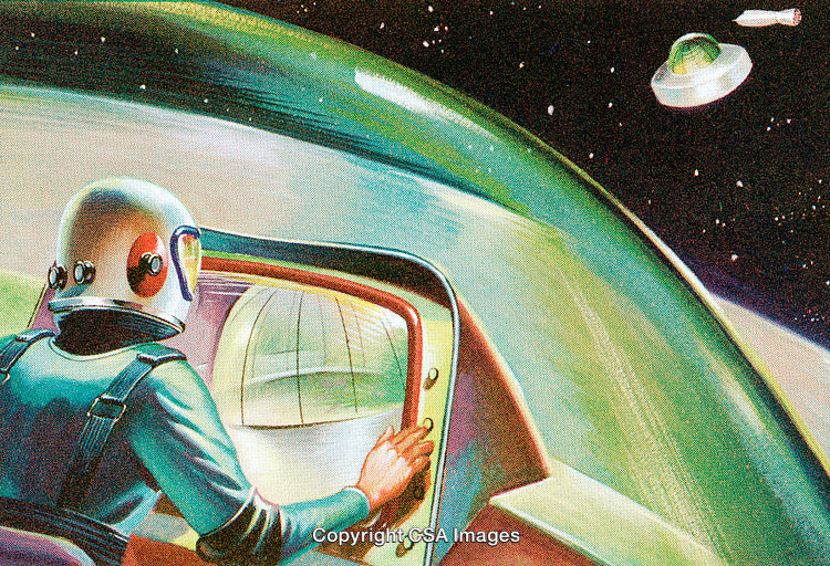 Illustration of an Astronaut Observing a Flying Saucer Through a Spaceship Window