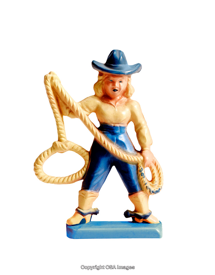 Plastic Cowgirl Toy Figure Holding a Rope and Hat Isolated on White Background