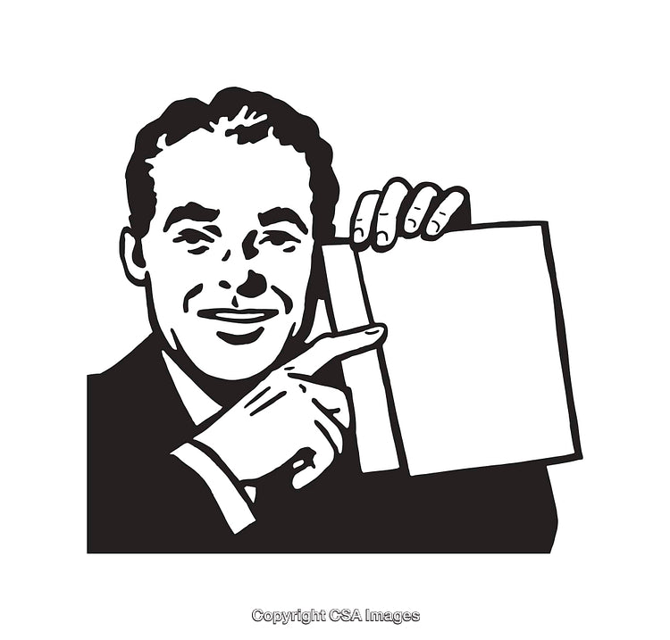Black and White Retro Illustrative Man Pointing to Blank Document