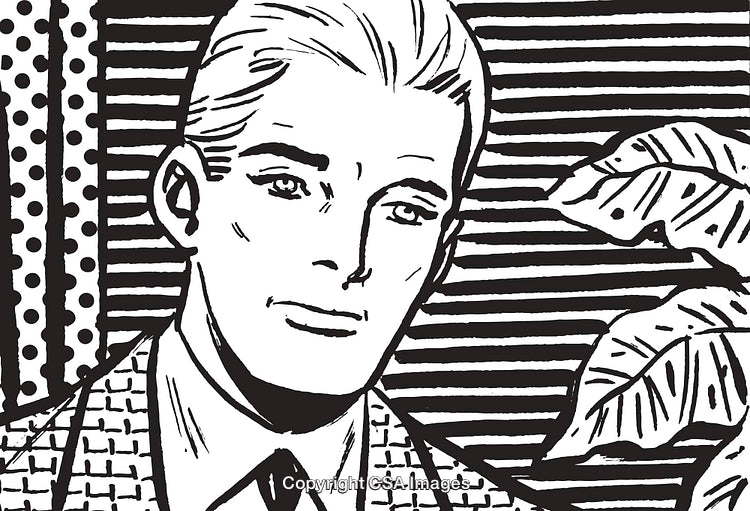 Retro Stylized Portrait of a Man with Geometric Background and Plant Motif
