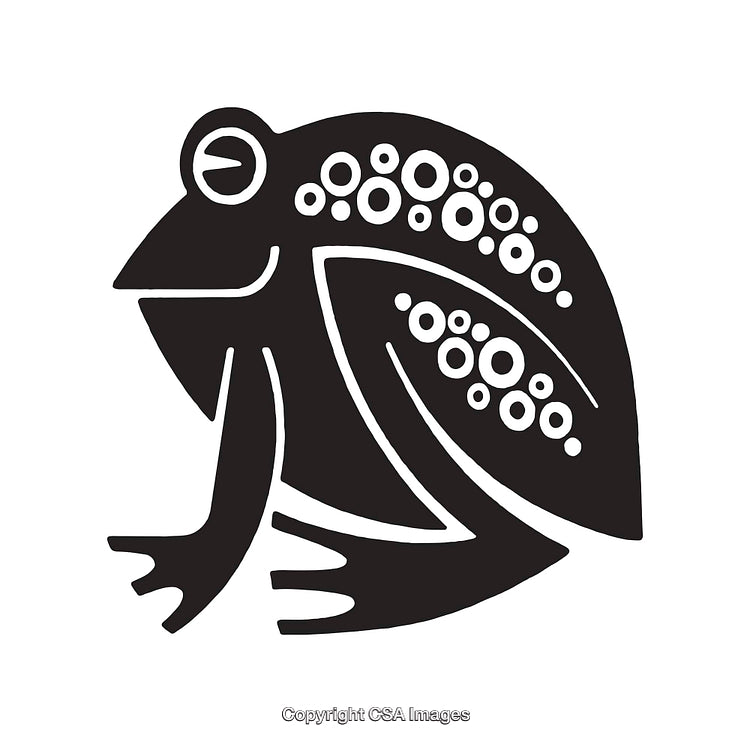 Stylized Black and White Frog Line Art with Circular Patterns