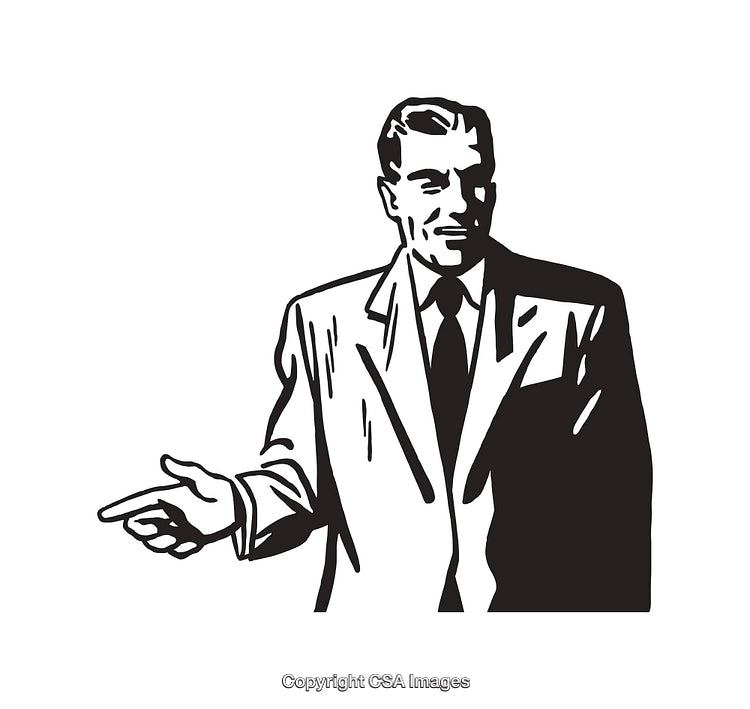 Black And White Illustration of a Businessman Gesturing Confidentially