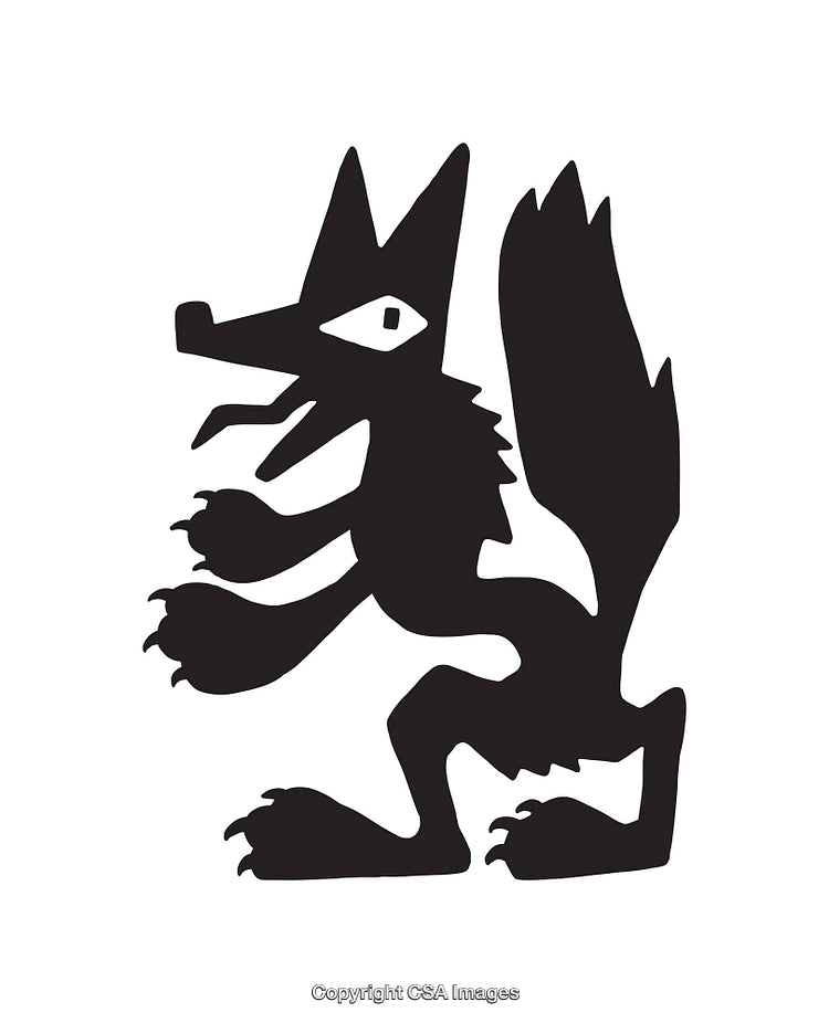 Stylized Black and White Wolf Illustration in Line Art Style