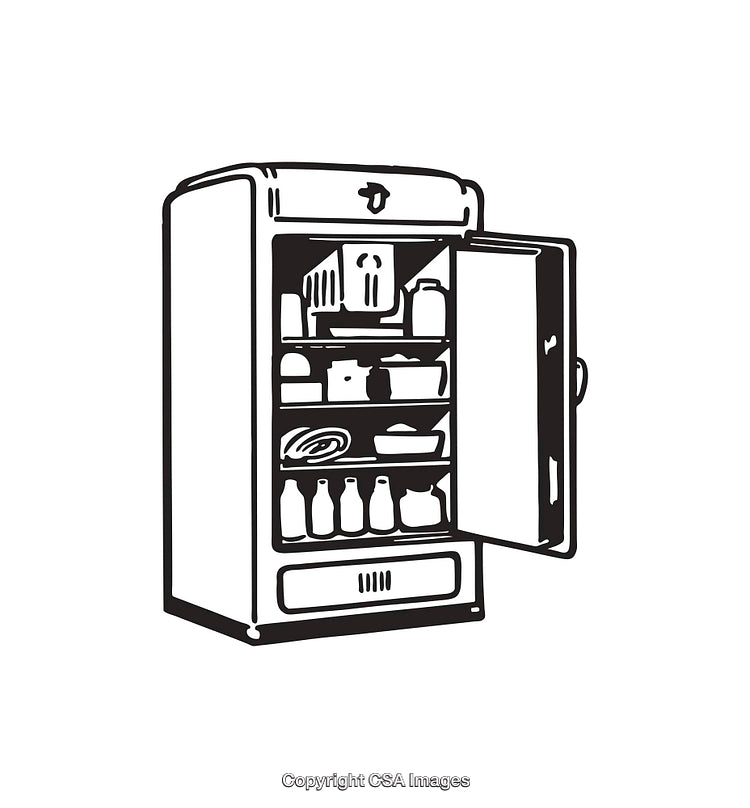 Black and White Line Art Illustration of an Open Refrigerator