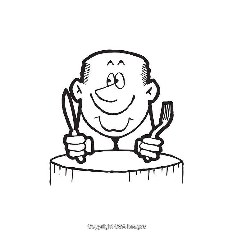 Excited Man Holding Cutlery Black and White Cartoon Illustration