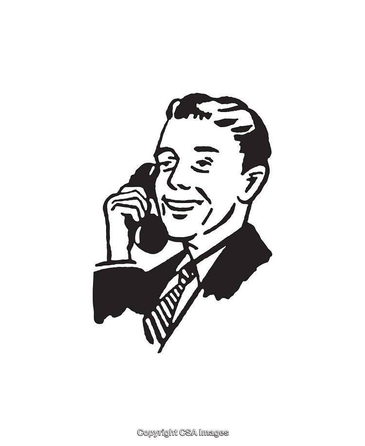 Black and White Illustration of a Smiling Man Talking on a Telephone