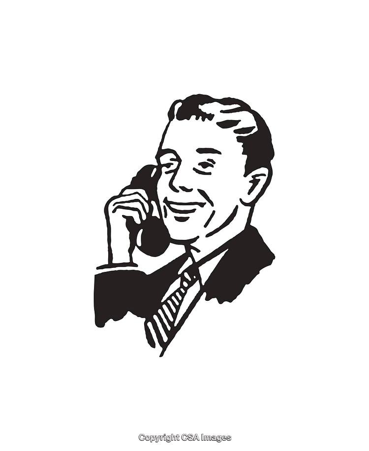 Black and White Illustration of a Smiling Man Talking on a Telephone