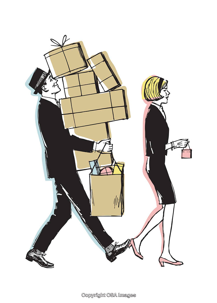 Retro Illustration of Couple Shopping with Stack of Gift Boxes