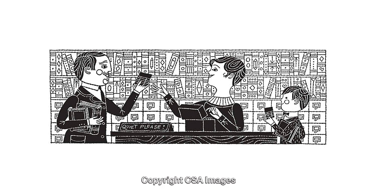Black and White Line Art Illustration of a Scene in a Library