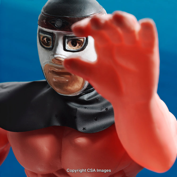 Masked Wrestling Action Figure with Dynamic Pose Against Blue Background