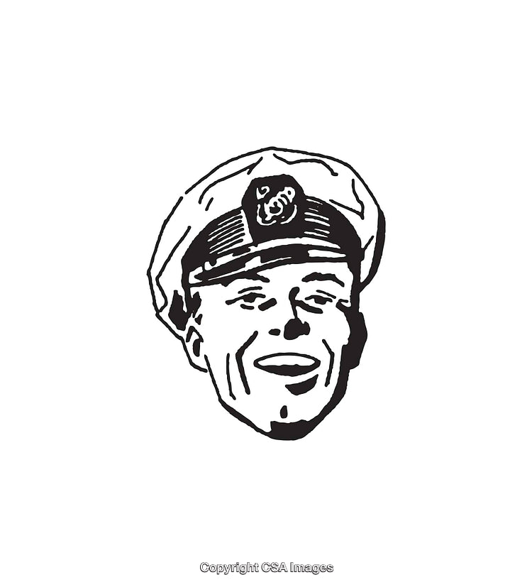 Vintage Black and White Line Art Smiling Captain Illustration