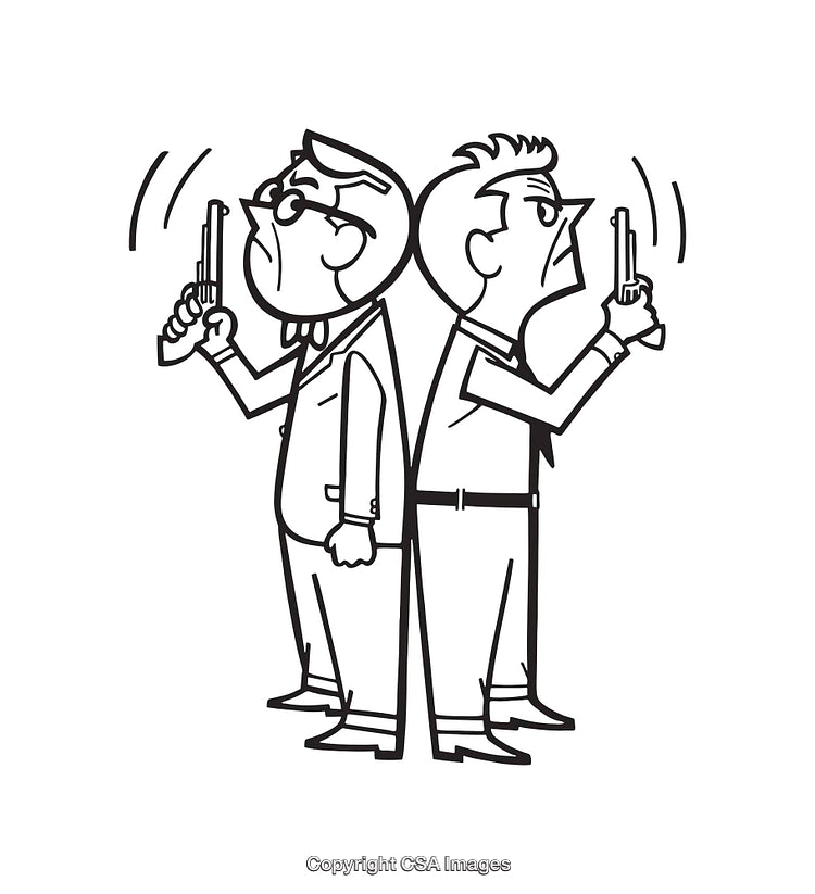 Black and White Line Art Illustration of Two Gunslingers in a Duel