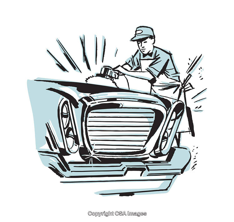 Illustration Depicting a Painter Polishing a Vintage Car in Detailed Style
