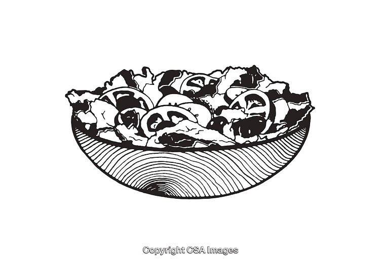 Black and White Line Art Illustration of a Salad in a Bowl