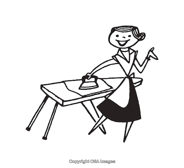 Vintage Line Art Illustration of Woman Ironing Clothes on Ironing Board