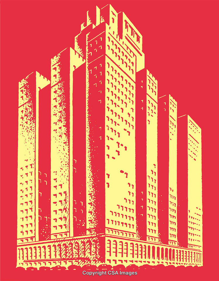 Red and Yellow Stylized Line Art of a Large Skyscraper Building
