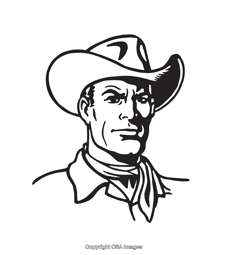 Black and White Line Art Illustration of a Cowboy Wearing a Hat