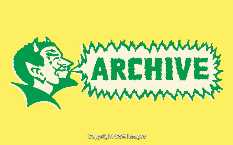 Retro Devil Illustration with Archive Text on Yellow Background