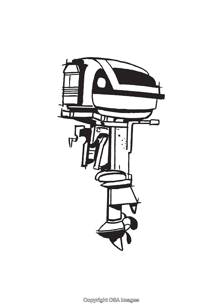 Black and White Line Art Illustration of an Outboard Motor Design