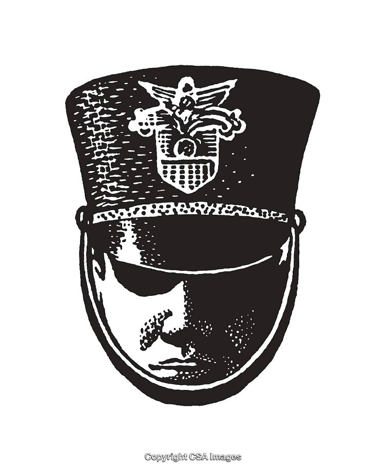 Black and White Illustration of a Military-Themed Hat and Face Design