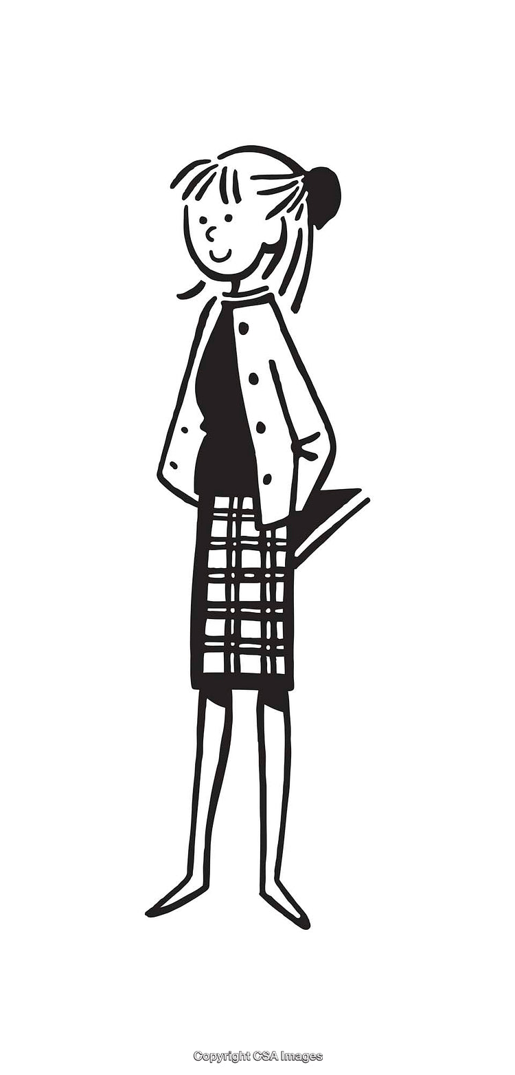 Black and White Line Art of a Thoughtful Female Character