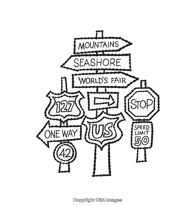 Black and White Line Art with Various Road and Directional Signs