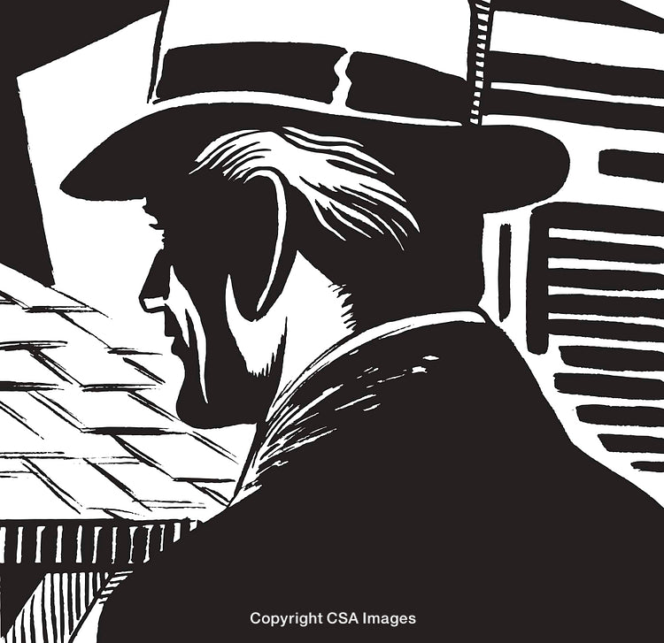 Retro Black and White Illustration of a Person Wearing a Hat