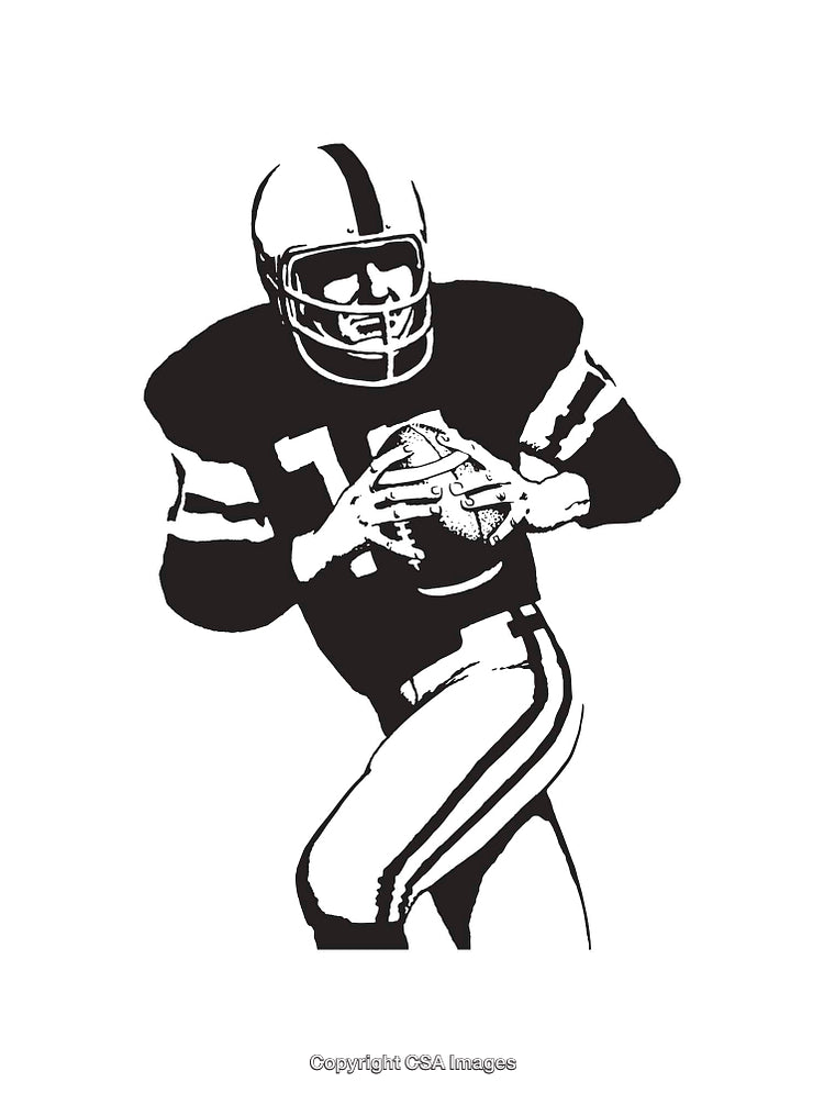 Black and White Line Art of a Football Player Holding Ball in Motion