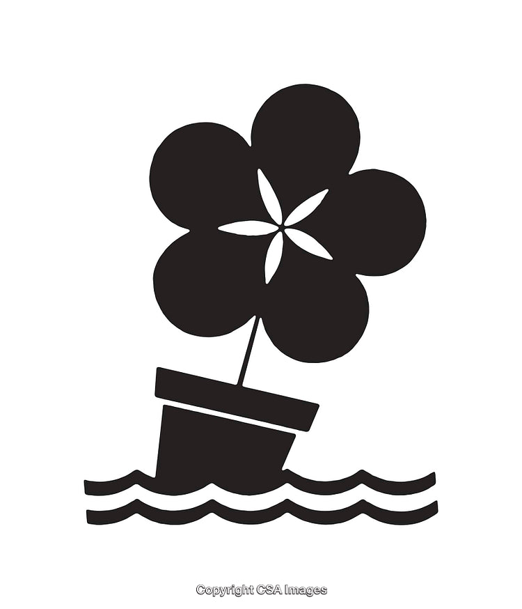 Black and White Artwork of a Flower in a Pot Floating on Water