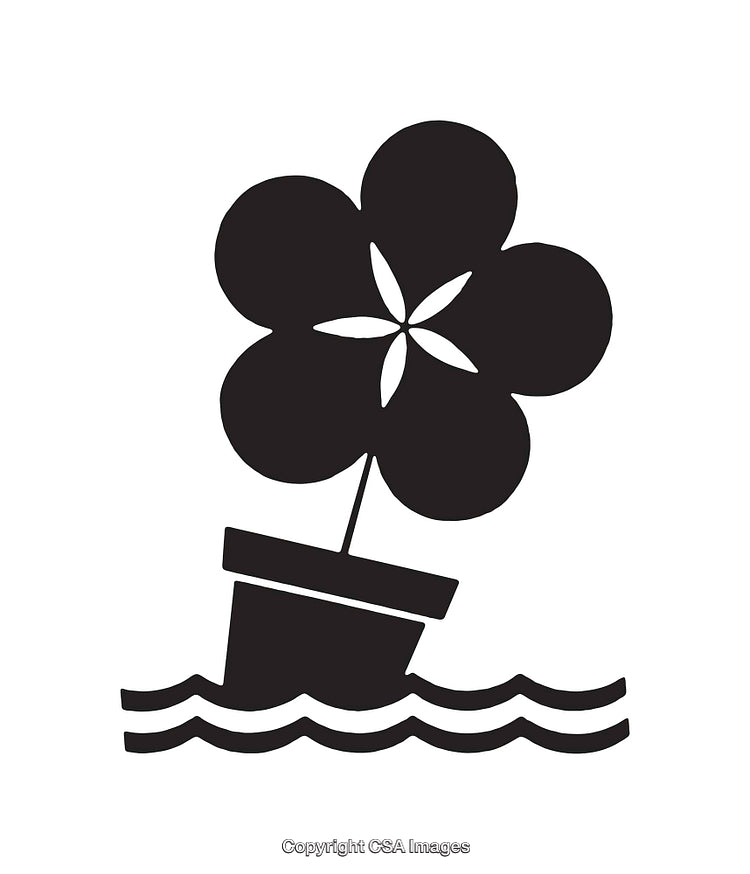 Black and White Artwork of a Flower in a Pot Floating on Water