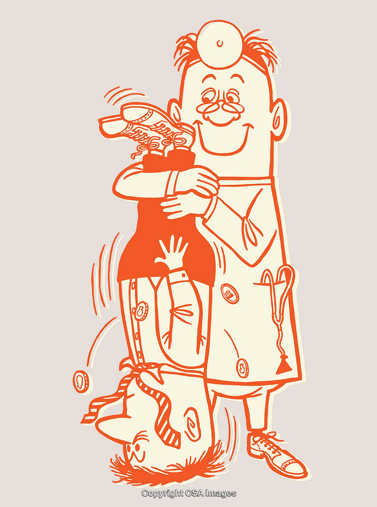 Humorous Line Art of a Doctor Examining a Patient Upside Down