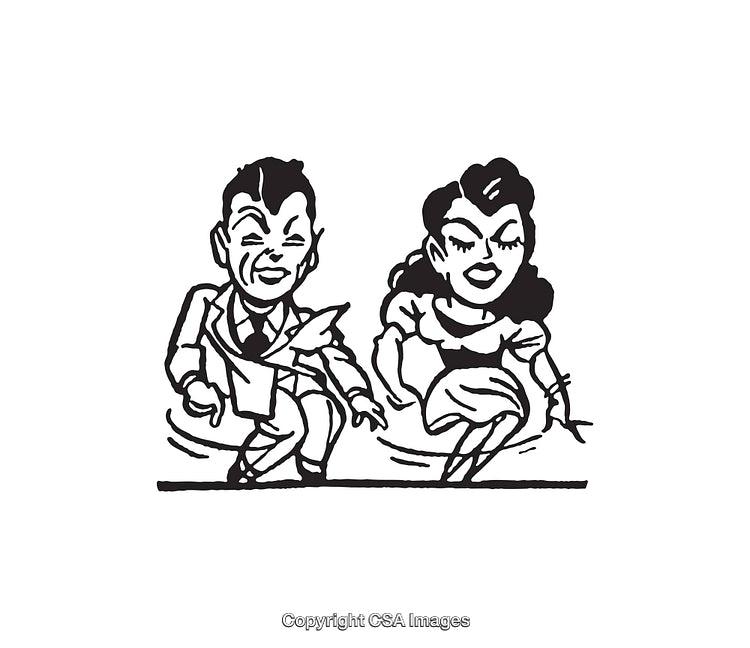 Playful Young Couple Dancing Together in Nostalgic Black and White Illustration