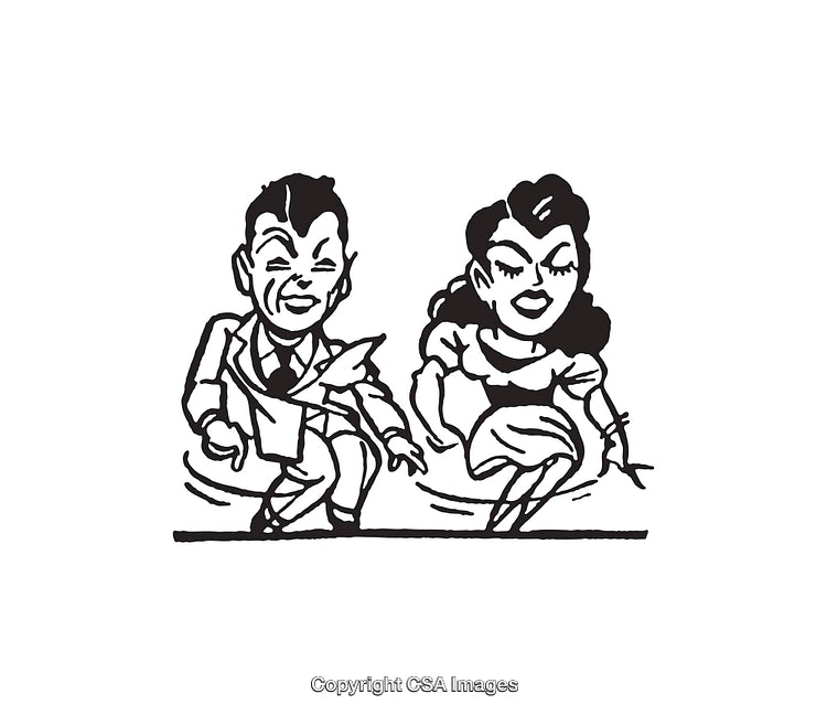 Playful Young Couple Dancing Together in Nostalgic Black and White Illustration