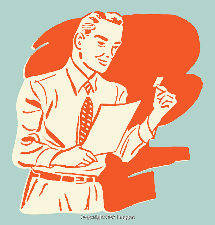 Retro Style Illustration of a Man Holding Paper and Pencil