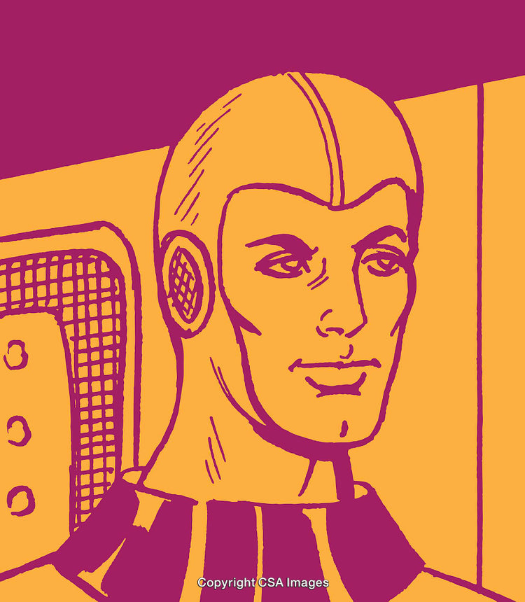 Retro Futuristic Portrait Art of a Fictional Male Character in Bold Colors