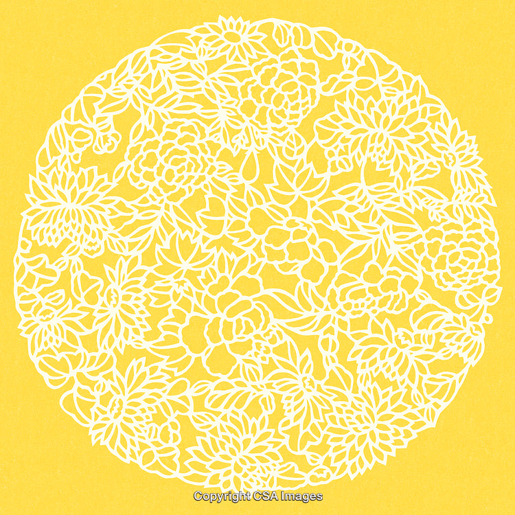 Intricate Circular Floral Pattern on a Vibrant Yellow Background