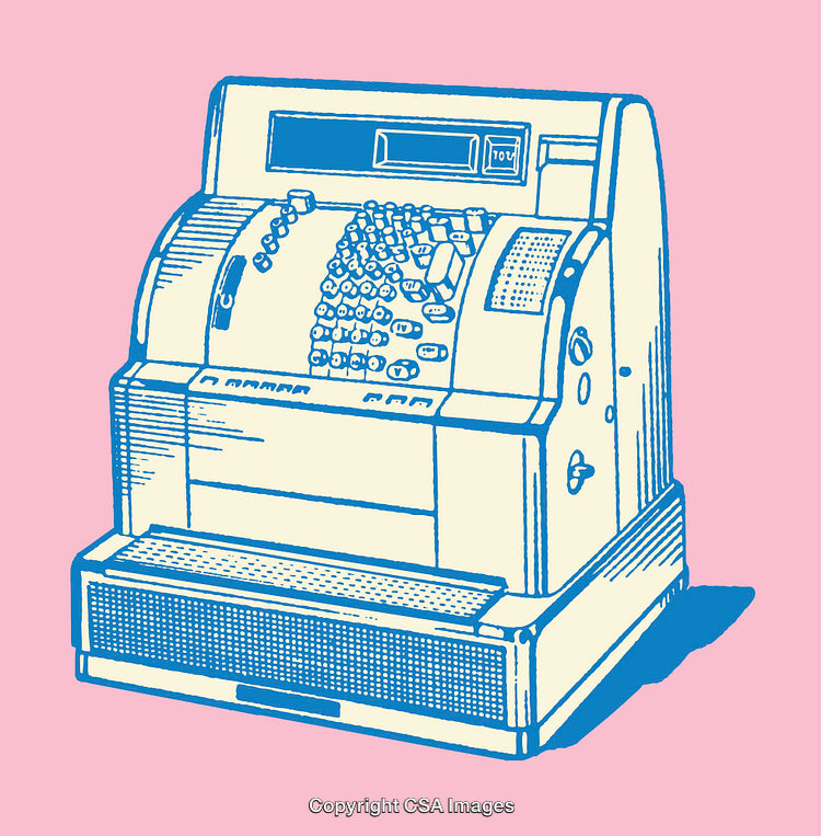 Vintage Cash Register Illustration with Blue on Pink Background