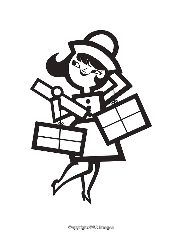 Stylized Illustration of a Shopping Lady Carrying Multiple Gift Boxes