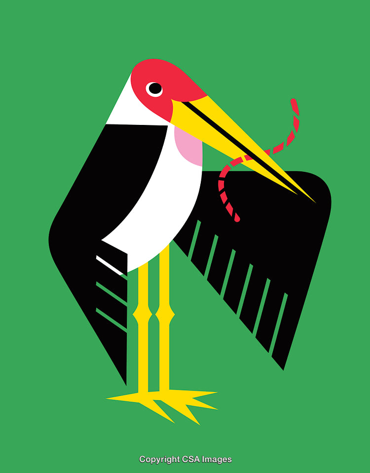 Colorful Graphic Illustration of Stylized Stork Holding Worm on Green Background