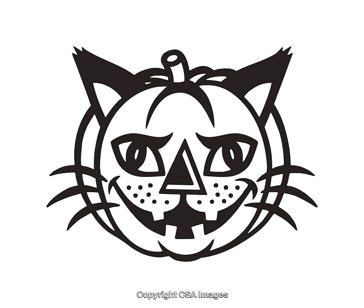 Black and White Line Art of Jack-o'-Lantern Cat Illustration