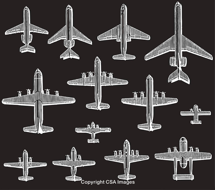 Collection of Hand-Drawn Airplane Blueprints in Stylized Black and White Design