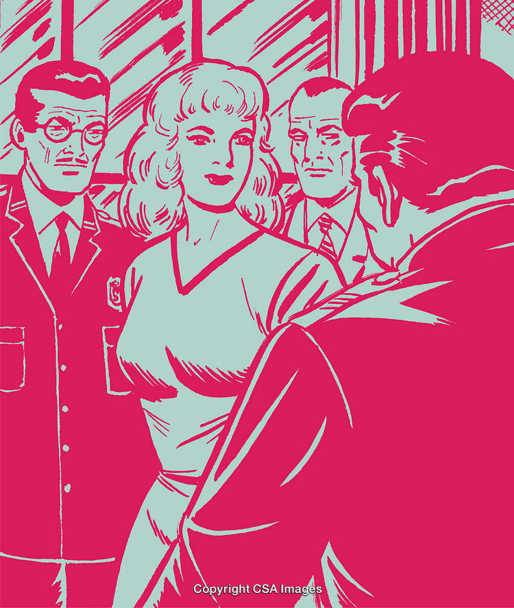 Pop Art Group Meeting Depicting Tense Exchange in Vintage Style