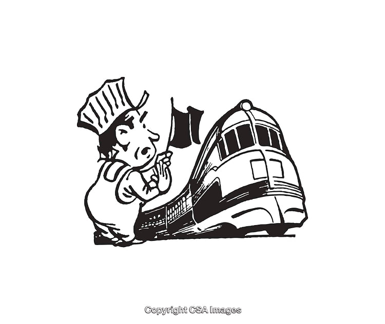 Black and White Cartoon of a Person Waving at a Train