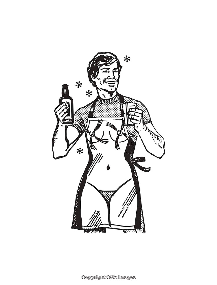 Black and White Line Art of a Humorous Apron Design