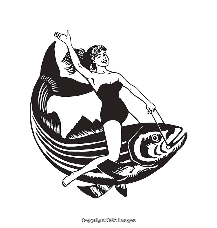 Black and White Line Art of Woman Riding a Giant Fish