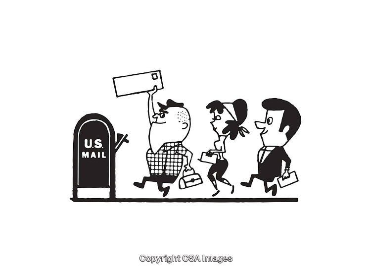 Retro Black And White Illustration of People Mailing Letters in USPS Mailbox