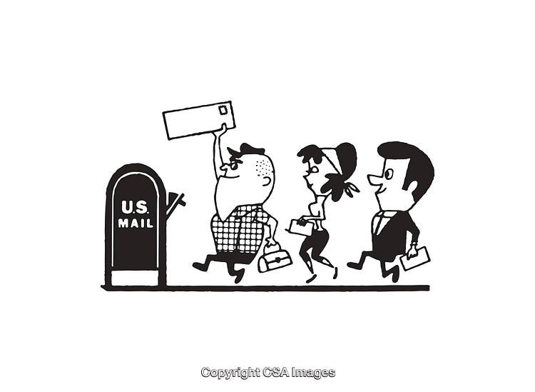 Retro Black And White Illustration of People Mailing Letters in USPS Mailbox