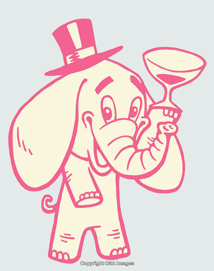 Cheerful Cartoon Elephant Holding Wine Glass in Top Hat Art